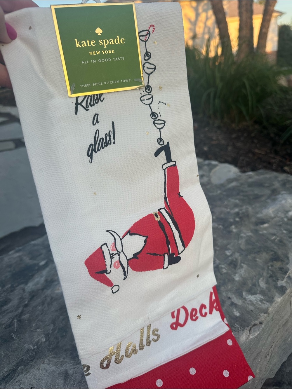 kate spade Cream & Red Santa Hanging Holiday Kitchen Towel with Gold Accents